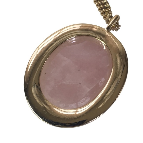 EXPRESS Pink Semi Precious Stone Pink Quartz Pendant Necklace Gold Tone 34" - Picture 3 of 6